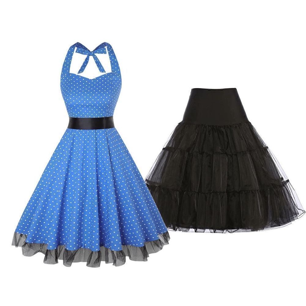 2PCS Pinup Retro 1950s Rockabilly Tulle Hem Halter Dress w/Belt & Petticoat NEW